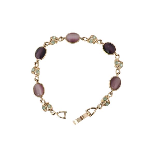 Purple Amethyst Green Peridot Floral Beveled Gemstone Gold Tone Bracelet Estate - Picture 1 of 5